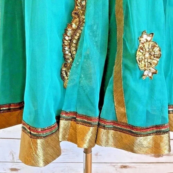 Women Short Sleeve Fully Lined Knee Length Beaded Traditional Green Dress Small - Picture 5 of 13